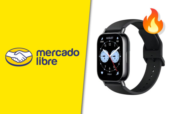 Collage de imágenes con el logo de Mercado Libre por un lado y una fotoproducto del Smartwatch Xiaomi Redmi 5 Lite.
