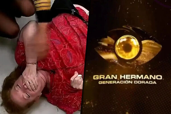 Collage de imágenes con la foto de la caida de Andrea del Boca por un lado y el logo de gran hermano por el otro.