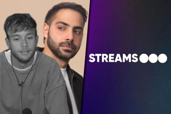 Collage de imágenes con Nacho Castañares en blanco y negro junto a Grego Rosello por un lado y por el otro, el logo de Telefe Streams.