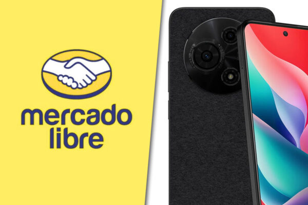 Collage de imágenes con el logo de mercado libre por un lado y por el otro un smartphone TCL 605.